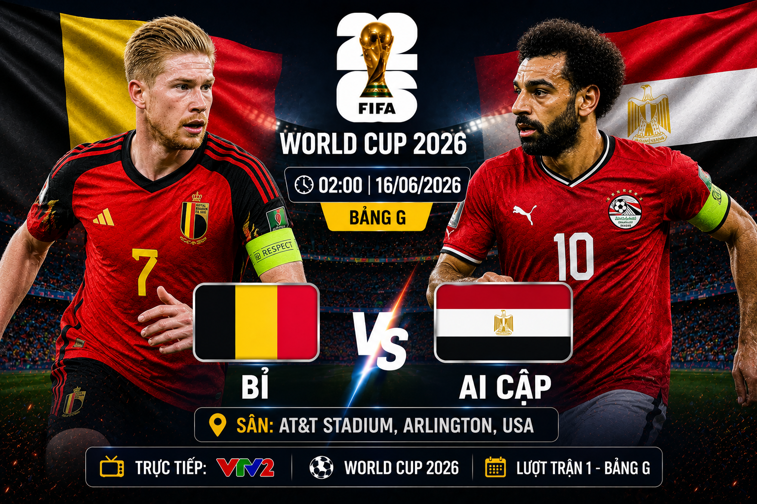 Soi Kèo Bỉ vs Ai Cập, 2h Ngày 16/6 Bảng G World Cup 2026