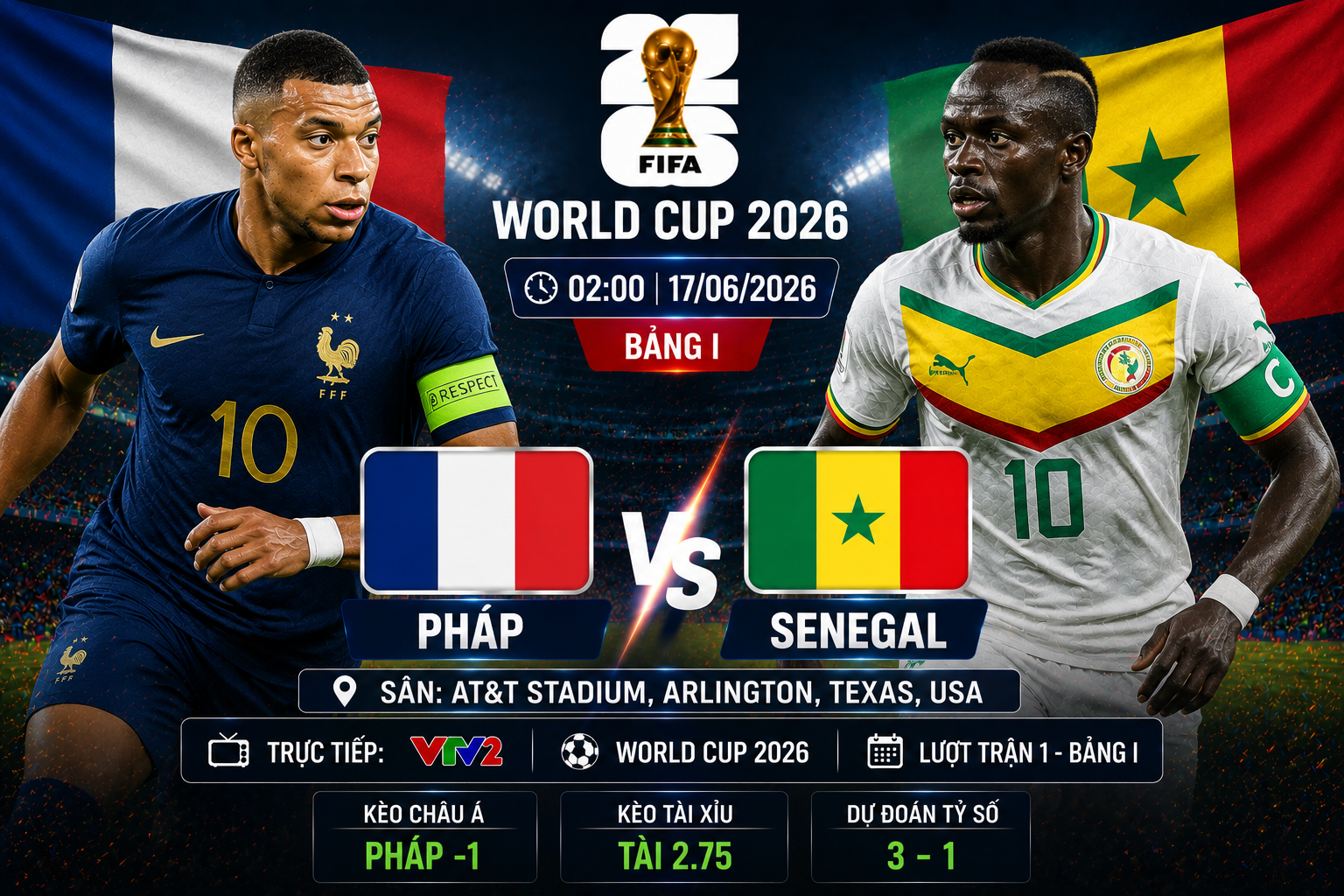 Soi Kèo Pháp vs Senegal, 2h Ngày 17/6 Bảng I World Cup 2026