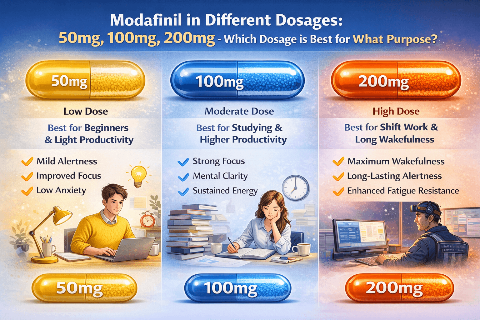 Modafinil Dosages: 50mg vs 100mg vs 200mg